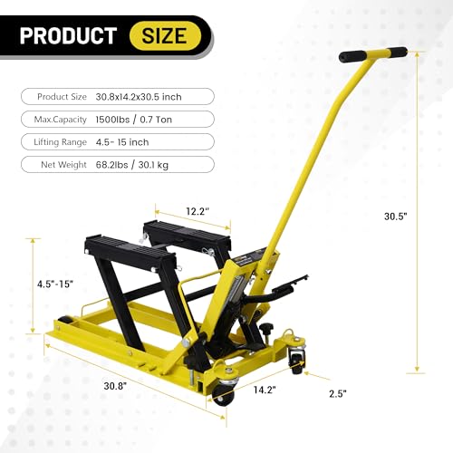 Red Hydraulic Motorcycle Lift Jack 1500 LBS Capacity, Foot-Operated Scissor Lift Table, Adjustable Height S6085