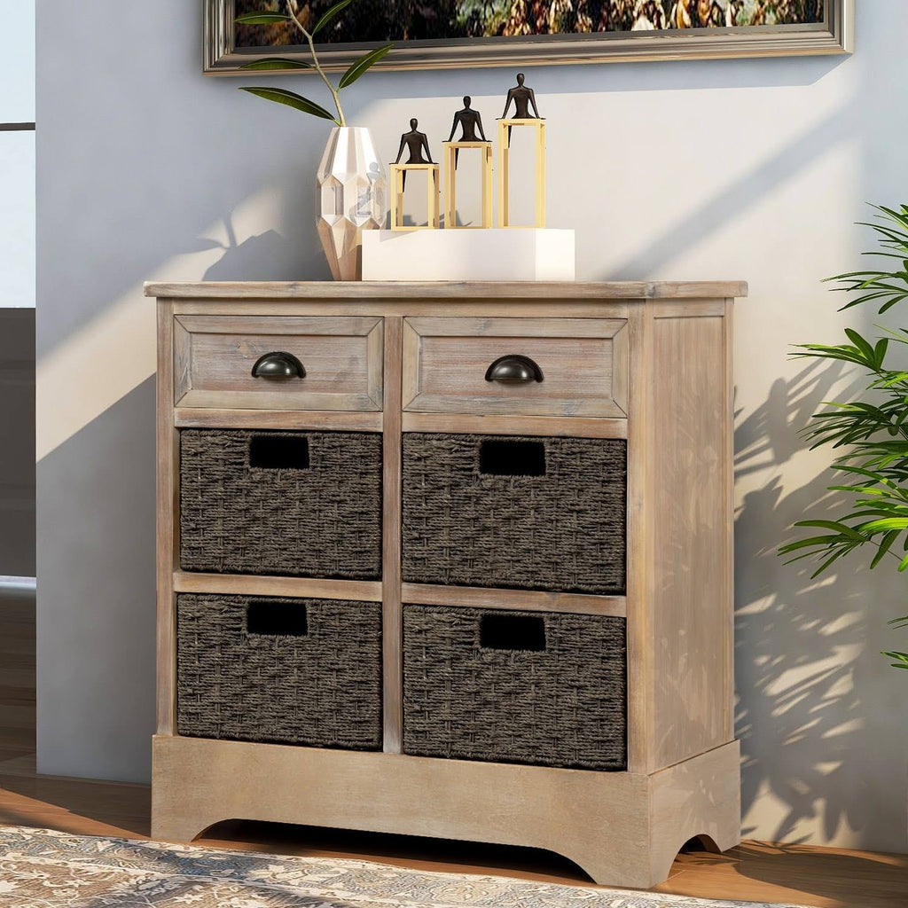 Rustic Storage Cabinet with 2 Drawers and 4 Fabric Basket N849955