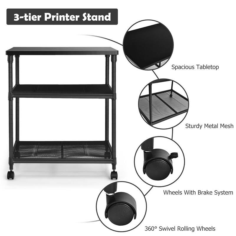 3-Tier Printer Stand Rolling Cart with Adjustable Shelf and Swivel Wheel Black T6999