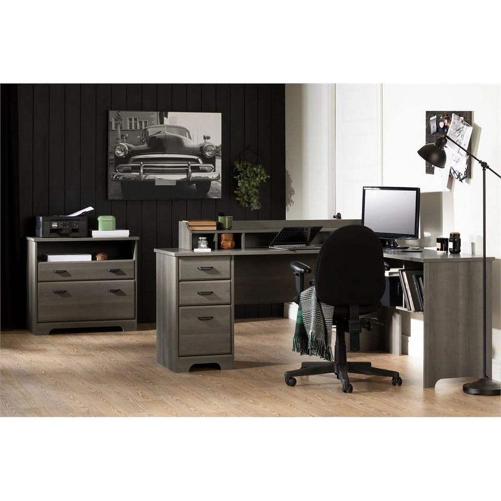 Gray Maple Desk with Hutch and 2-Drawer File Cabinet Set L68705