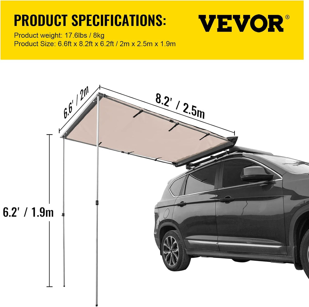 6.6'x8.2' Waterproof UV50+ Retractable Car Side Awning with Carry Bag R9260