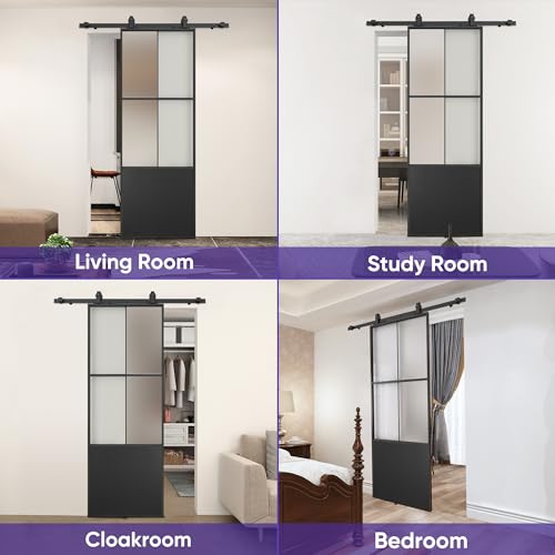 Black 3-Panel Frosted Tempered Glass Sliding Barn Door W56496