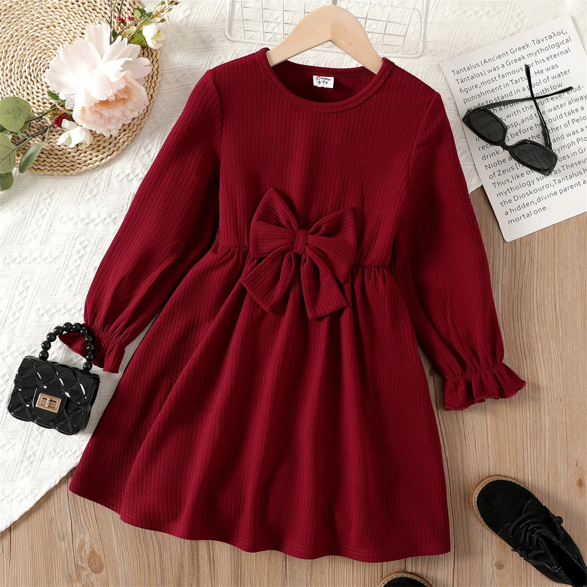 Red 3D Bowknot Long Sleeve Dress T860508