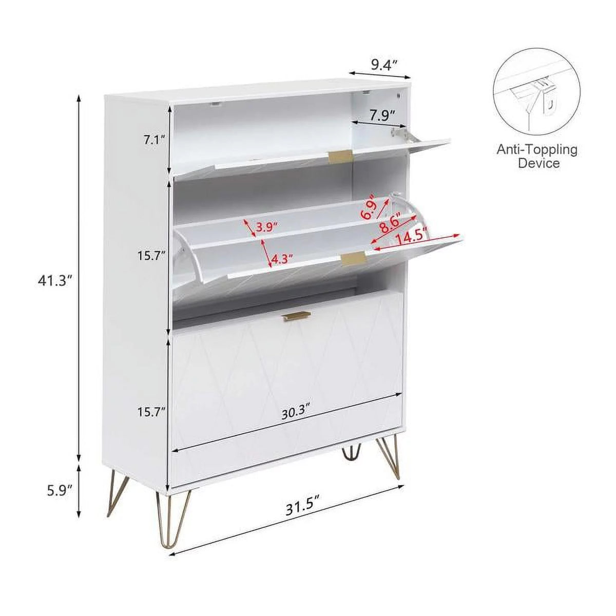 White Slim Shoe Cabinet Flip Down Drawers M8735