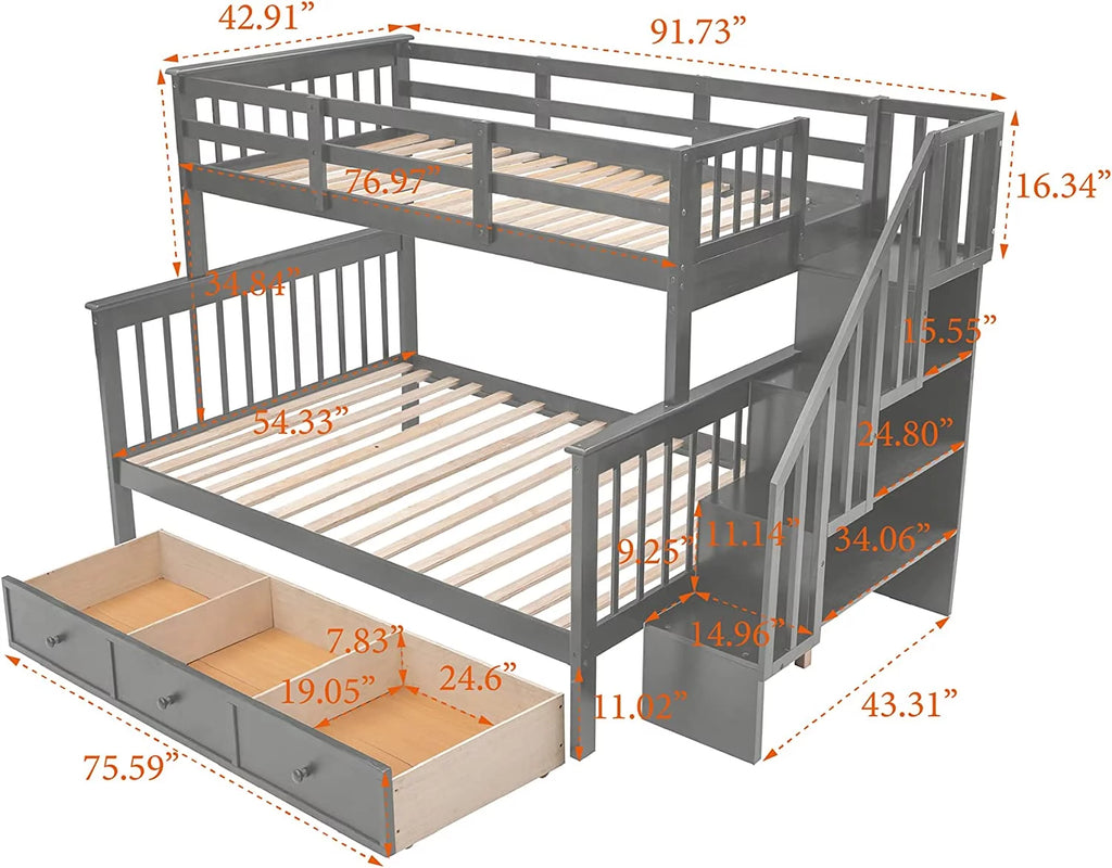 Gray Bunk Bed with Stairs and Storage Drawers X30390