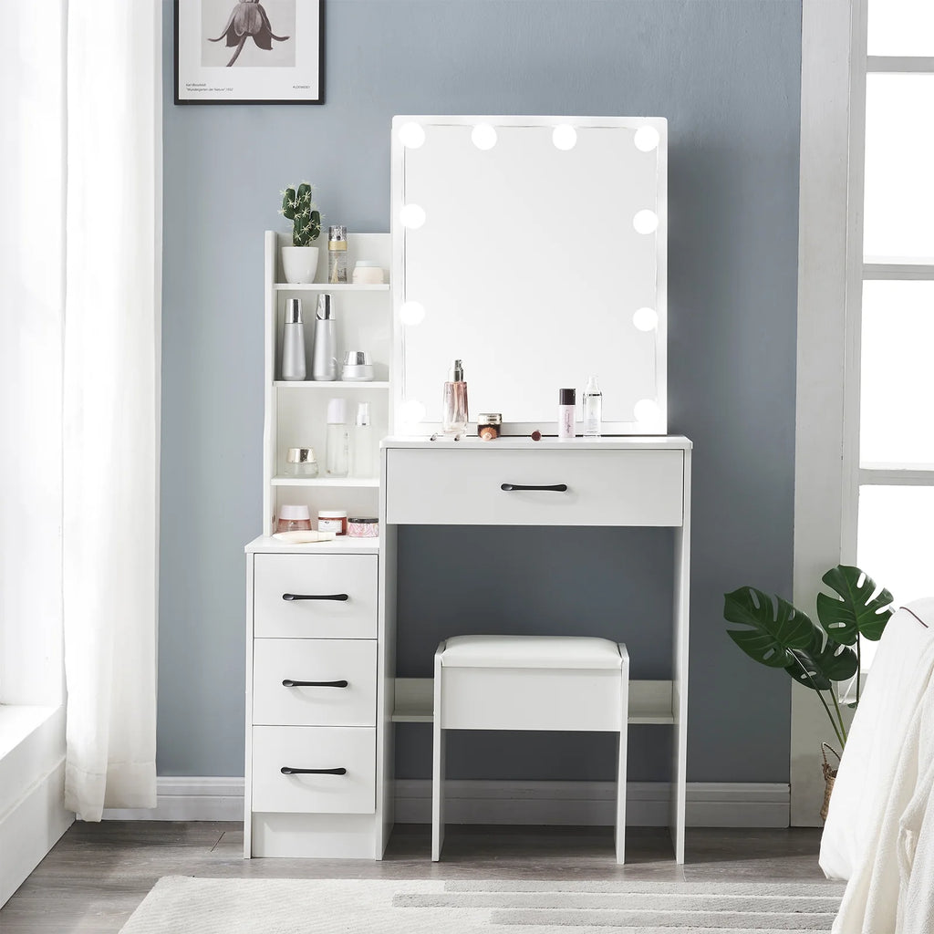 White Vanity Desk with Slidable Mirror and Drawers L173