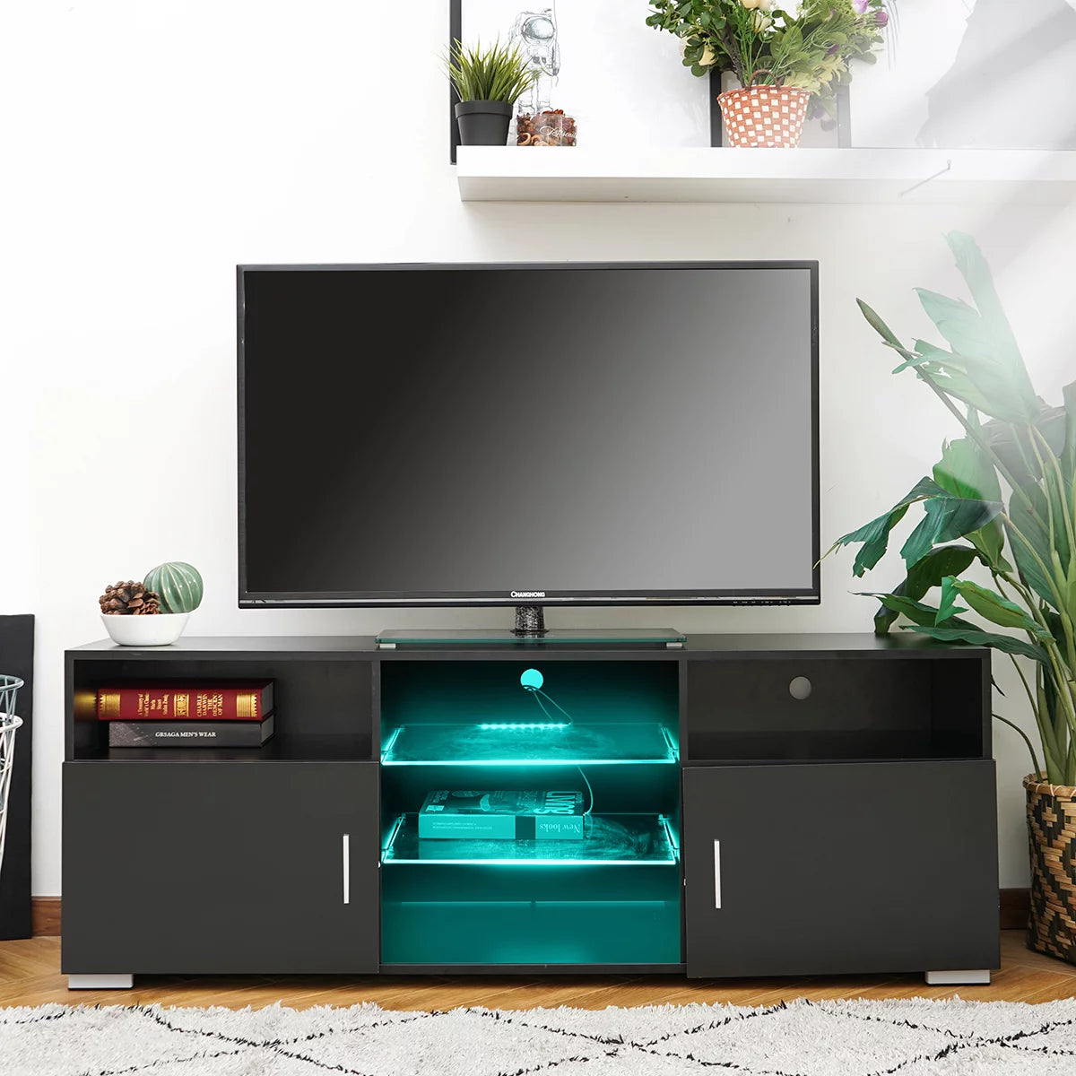 LED TV Stand with 2 Doors and Glass Shelf N5479