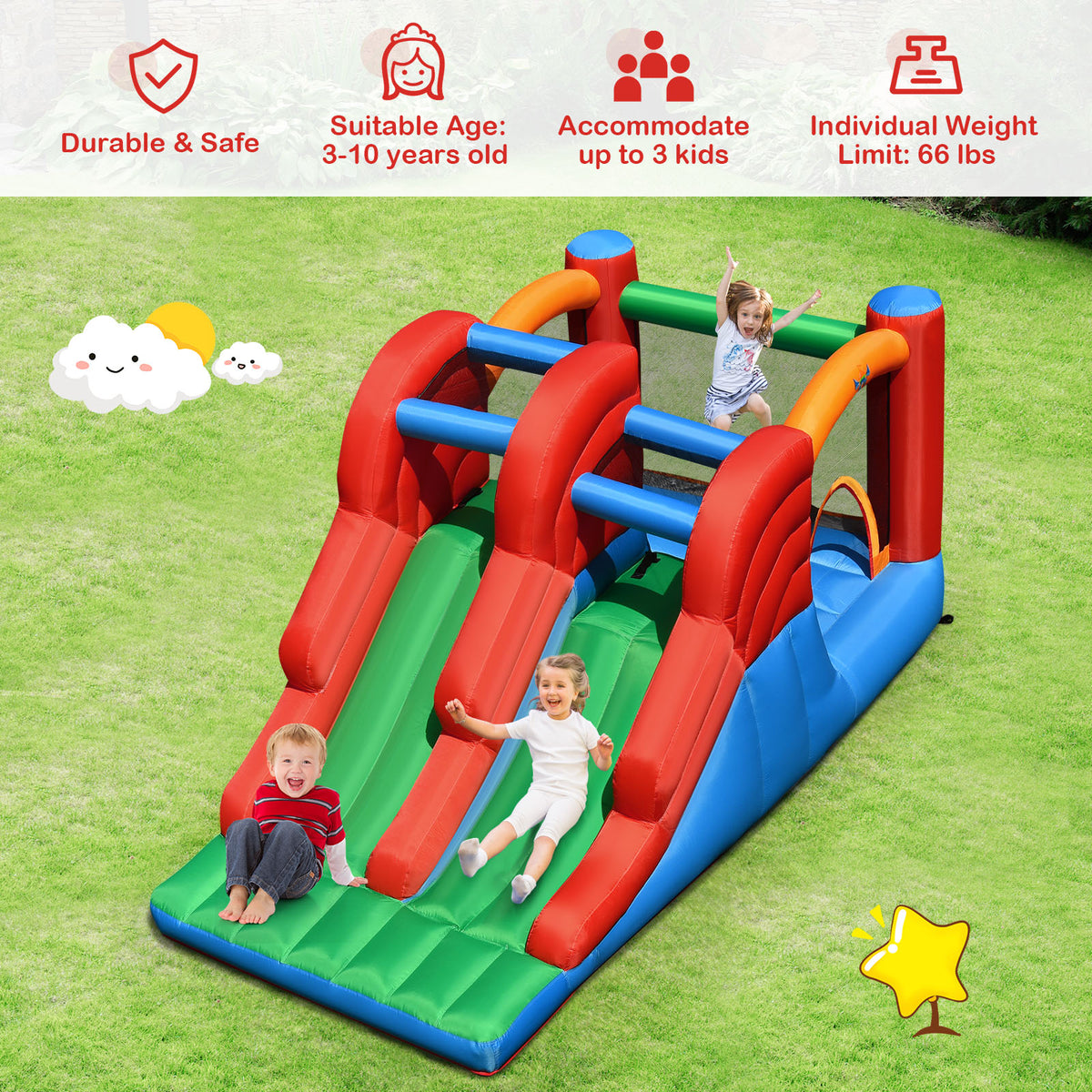 Inflatable Bounce House 3-in-1 Dual Slides Jumping Castle with Blower C265