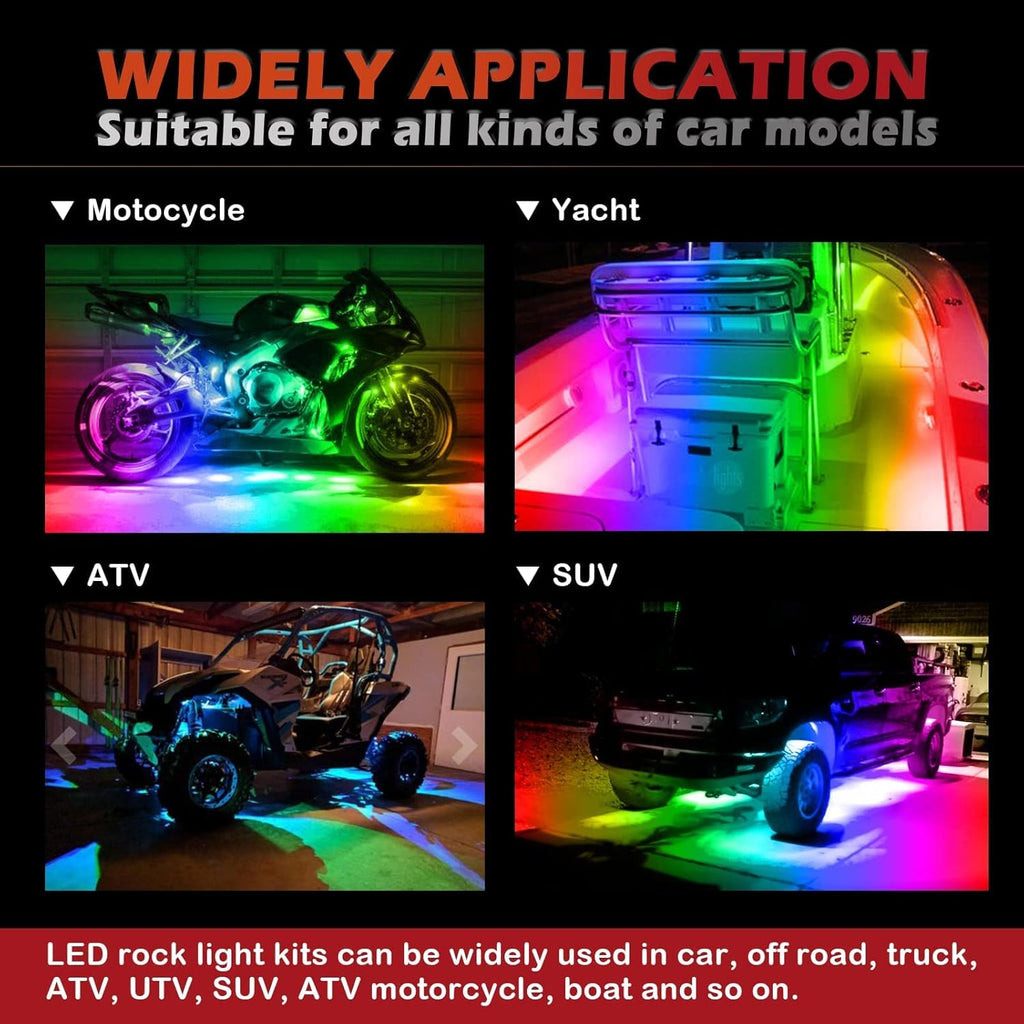 10 Pods RGB Rock Lights for Trucks, Multicolor Chasing Neon Underglow Lights Kits with APP/Remote Control & Music Mode, Waterproof IP68 Pack of 2 V566836