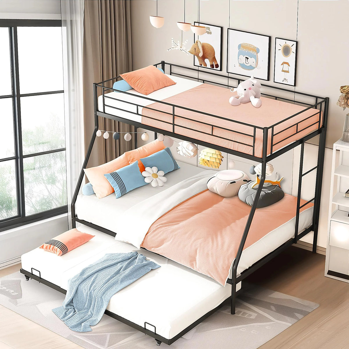 Black Metal Twin Over Twin Bunk Bed with Trundle F68713