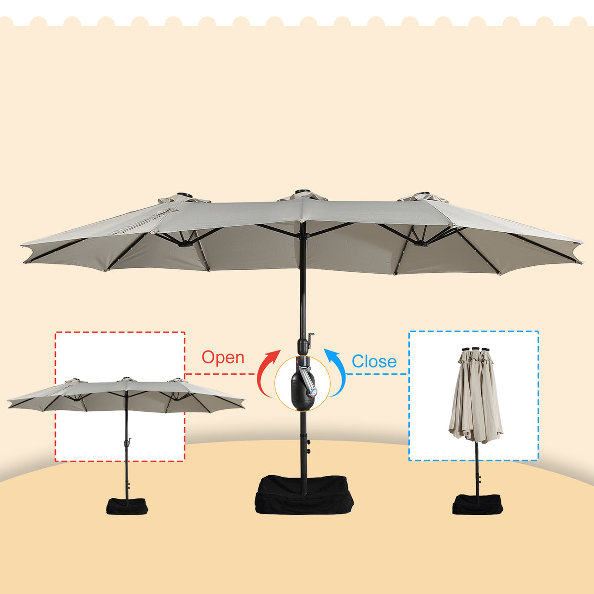 15ft Outdoor Solar Umbrella with 36 LED Patio Double-Sided Umbrella with Crank, Air-Vented Canopy, Base Included (Beige) E775649