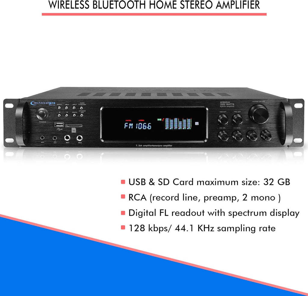 1500 Watt Bluetooth Stereo Amplifier with USB and SD Inputs B411972
