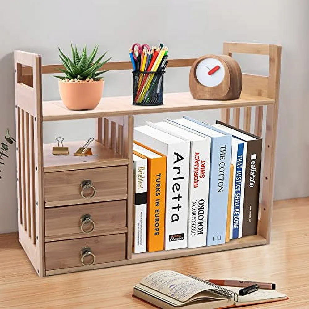 Bamboo Desktop Bookshelf Organizer with 3 Drawers P42732