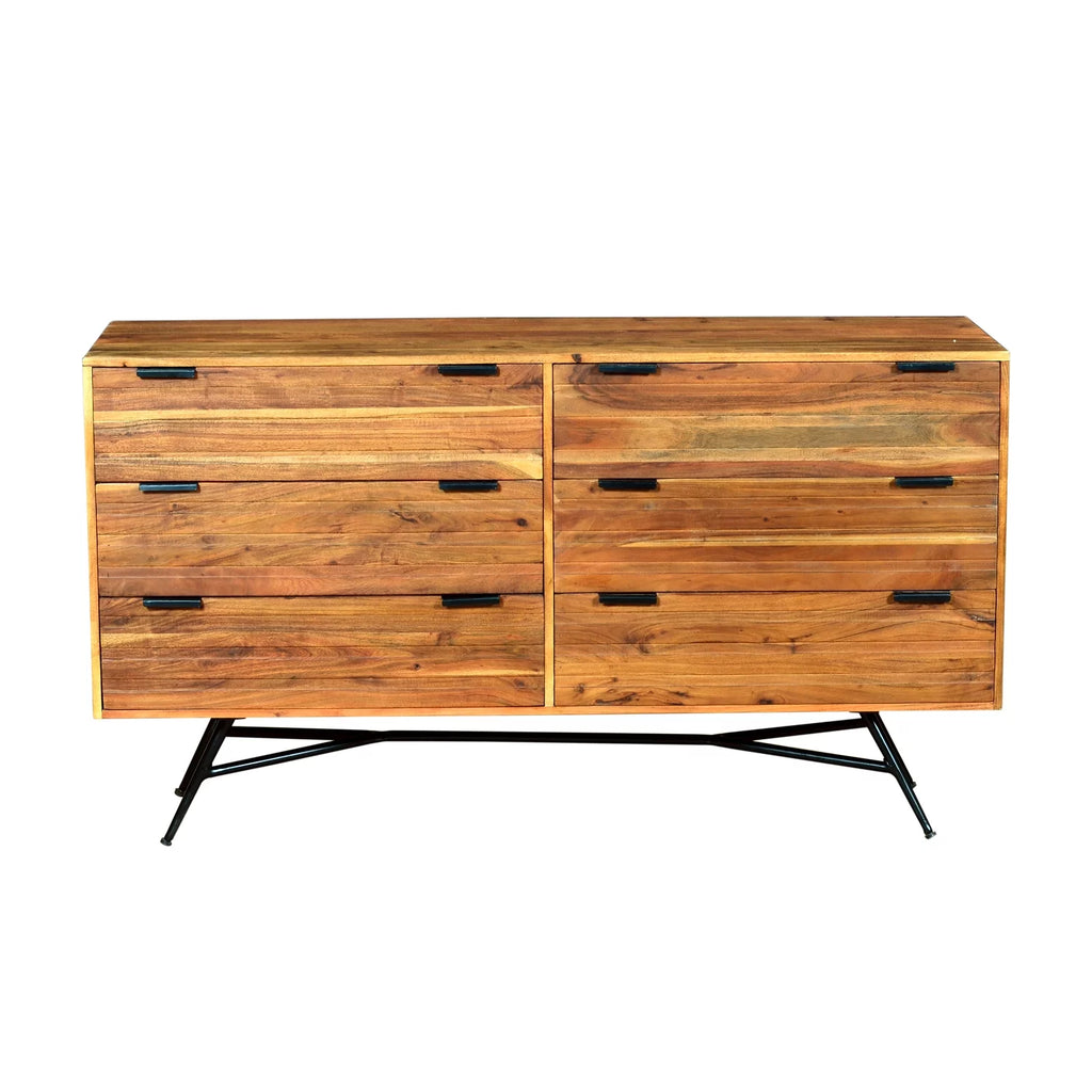 58 Inch Acacia Wood Sideboard with 6 Drawers and Iron Base C17596