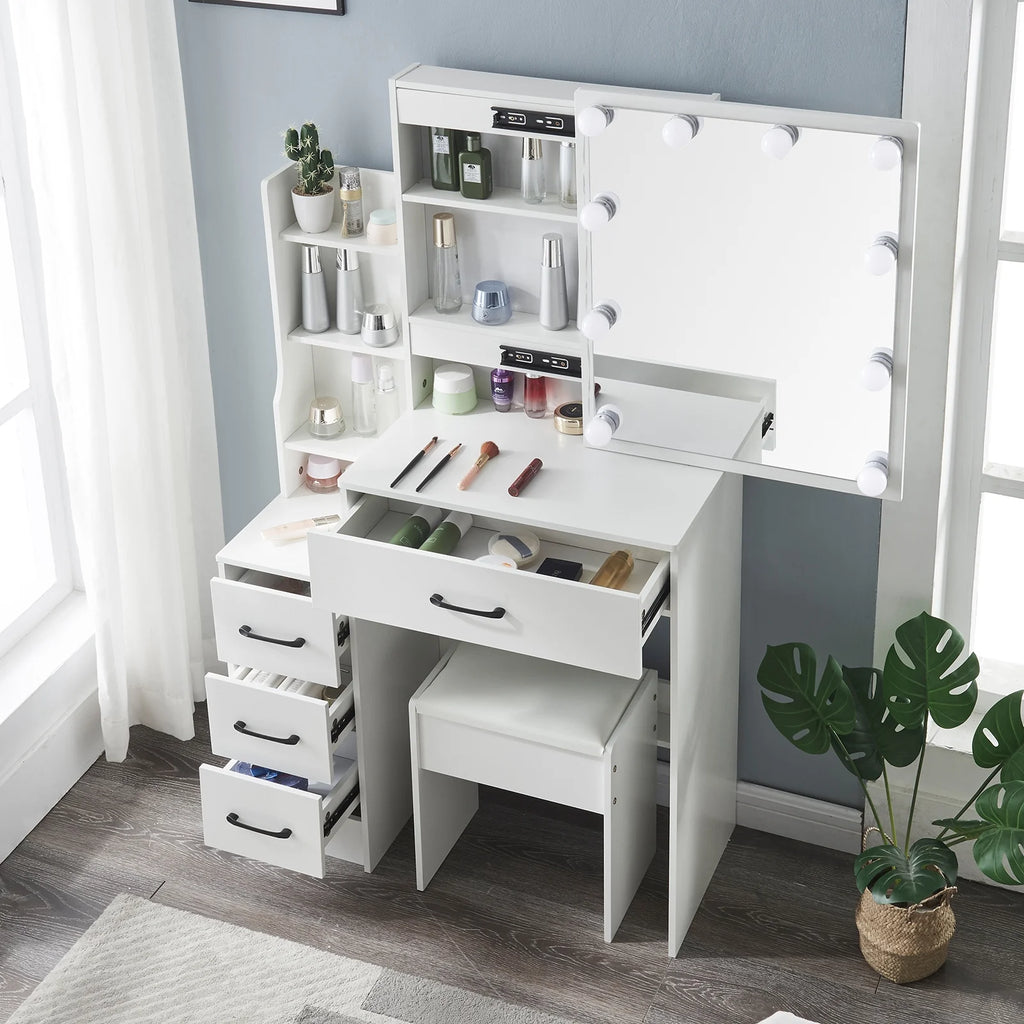 White Vanity Desk with Slidable Mirror and Drawers L173