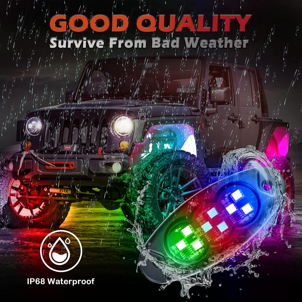 10 Pods RGB Rock Lights for Trucks, Multicolor Chasing Neon Underglow Lights Kits with APP/Remote Control & Music Mode, Waterproof IP68 Pack of 2 V566836