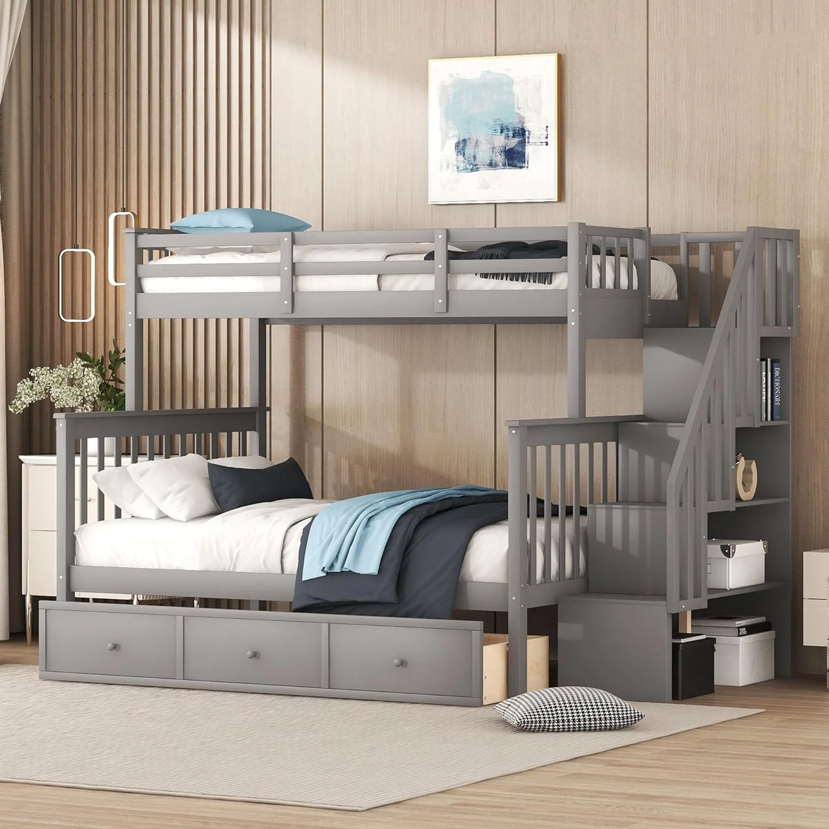 Gray Bunk Bed with Stairs and Storage Drawers X30390