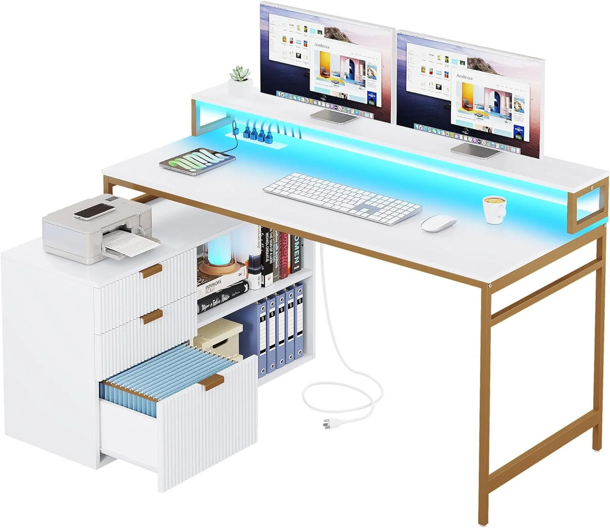 L Shaped Desk with Drawers 55 Inch White & Gold M13066