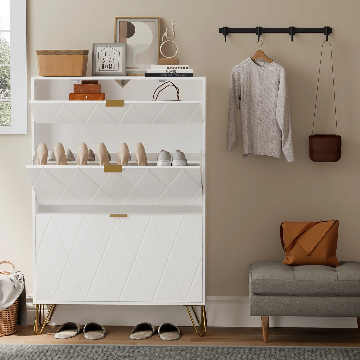 White Slim Shoe Cabinet Flip Down Drawers M8735