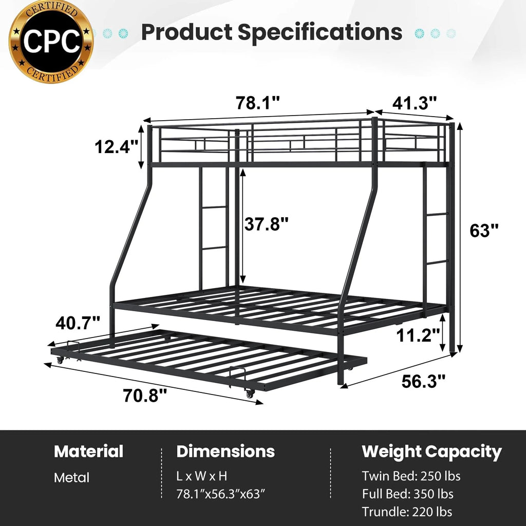 Black Metal Twin Over Twin Bunk Bed with Trundle F68713