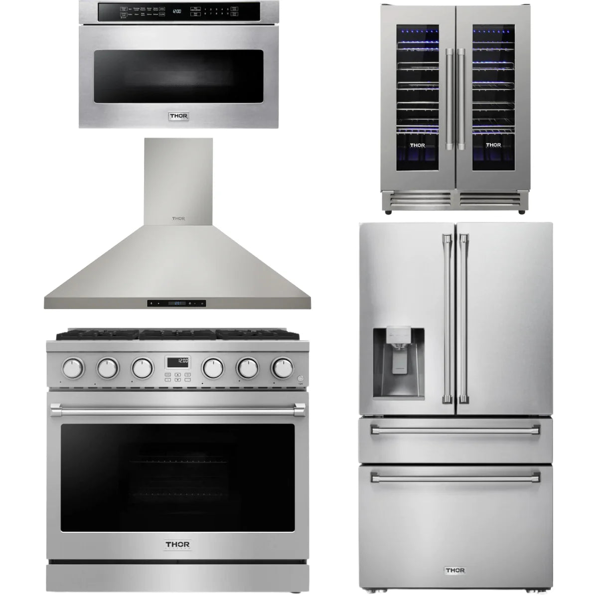 36 Gas Range, Range Hood, Refrigerator, Microwave and Wine Cooler C466429