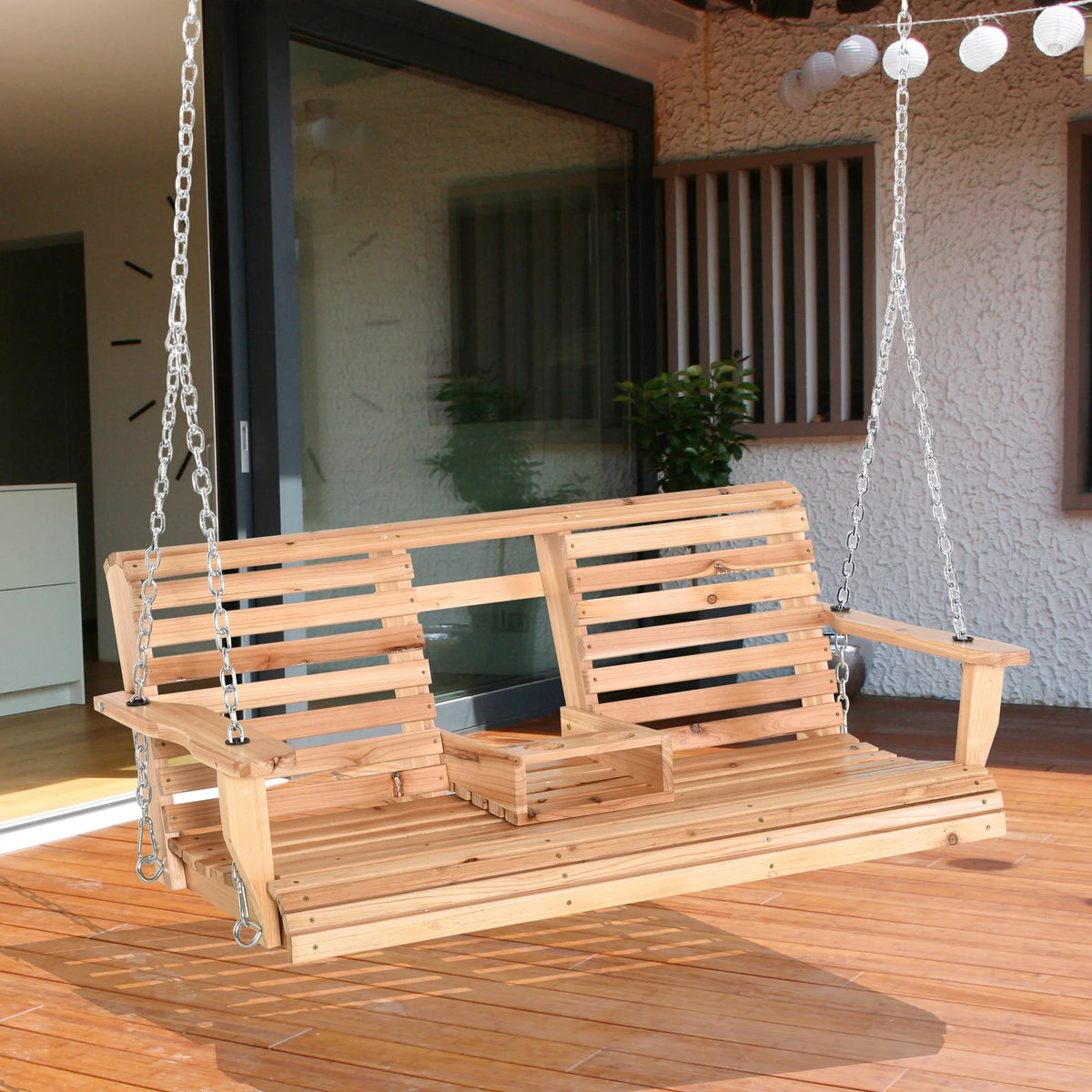 3-Seater Wooden Porch Swing with Folding Coffee Table X75779