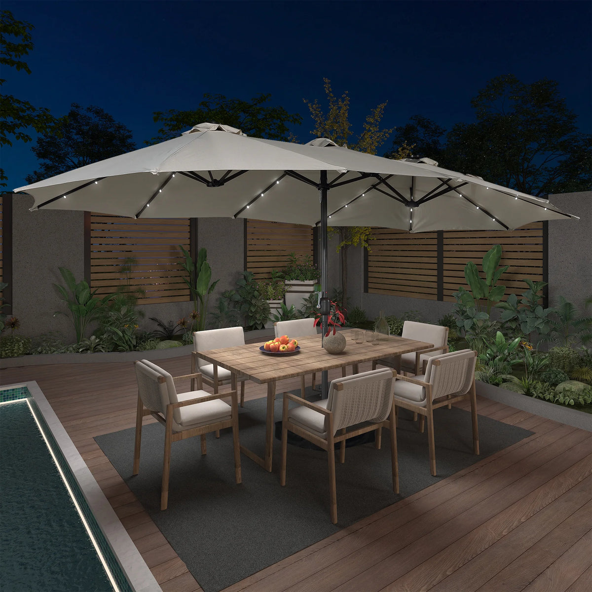 15ft Outdoor Solar Umbrella with 36 LED Patio Double-Sided Umbrella with Crank, Air-Vented Canopy, Base Included (Beige) E775649