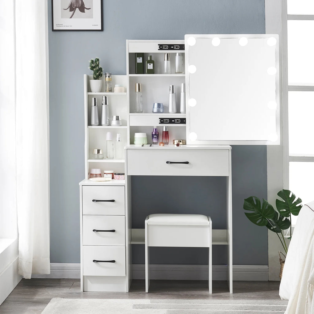 White Vanity Desk with Slidable Mirror and Drawers L173