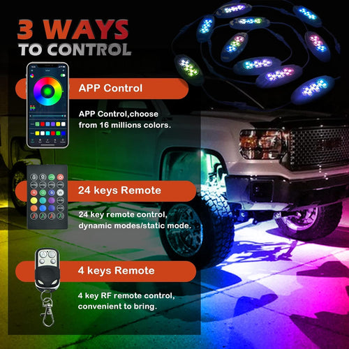 10 Pods RGB Rock Lights for Trucks, Multicolor Chasing Neon Underglow Lights Kits with APP/Remote Control & Music Mode, Waterproof IP68 Pack of 2 V566836