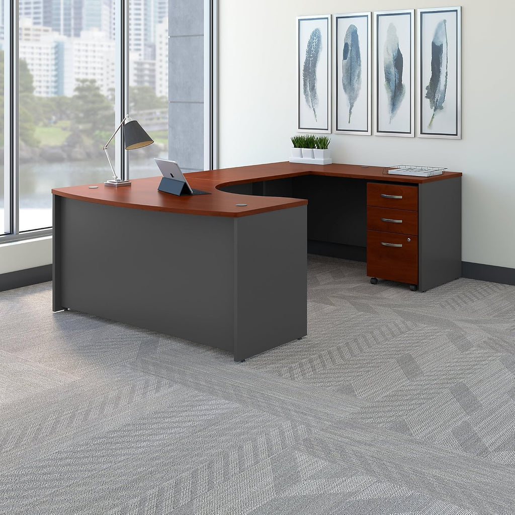 Mocha Cherry U Shaped Desk with Mobile File Cabinet O187870