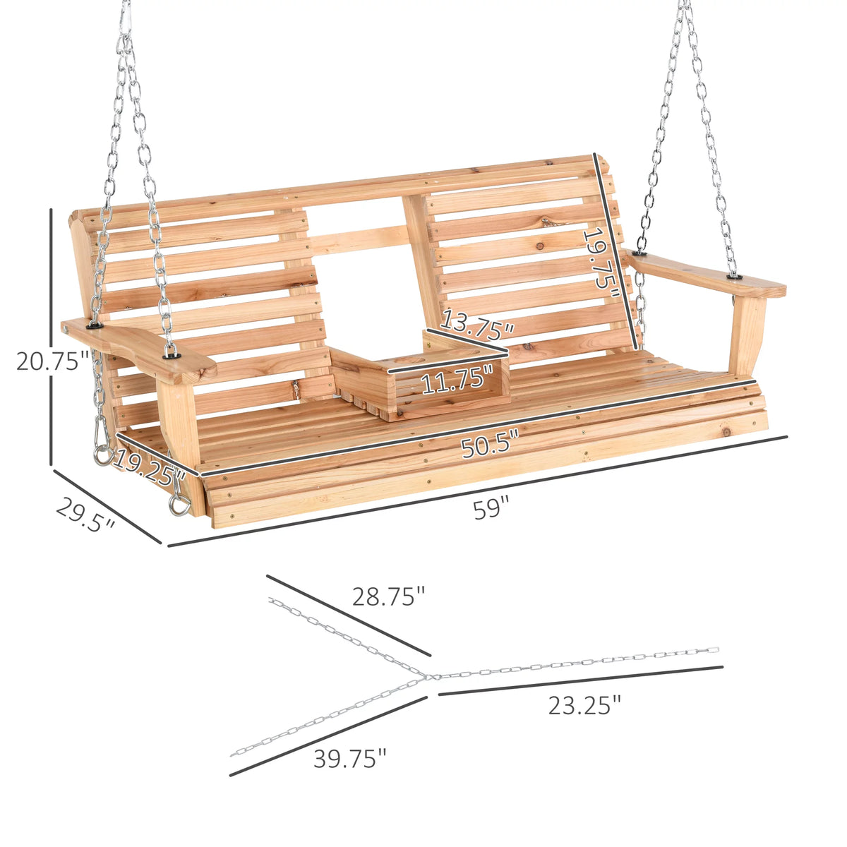 3-Seater Wooden Porch Swing with Folding Coffee Table X75779