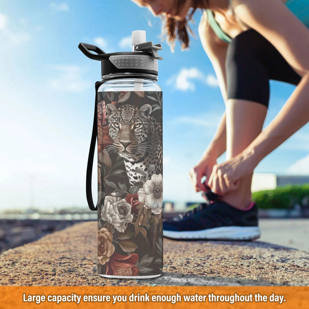 Leopard in Flowers 32oz Tritan Sports Water Bottle with Straw D1206
