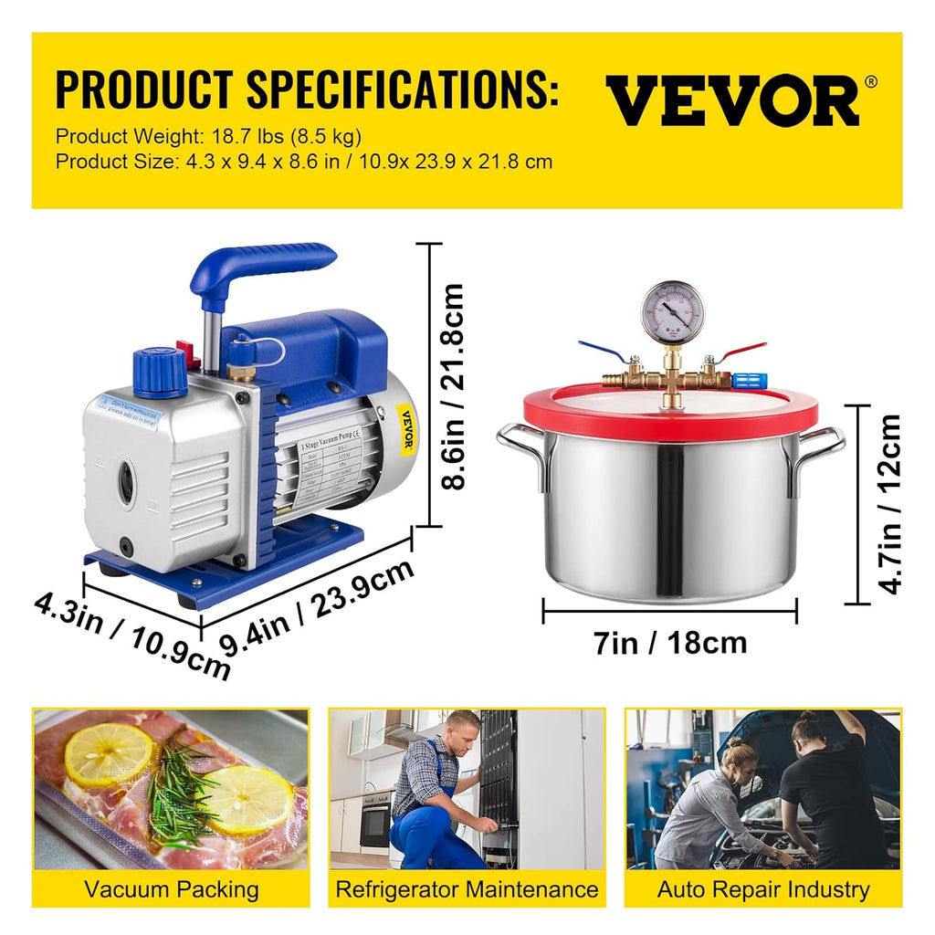 3CFM Single Stage 1/4HP Vacuum Pump with 1 Gallon Vacuum Degassing Chamber M643409