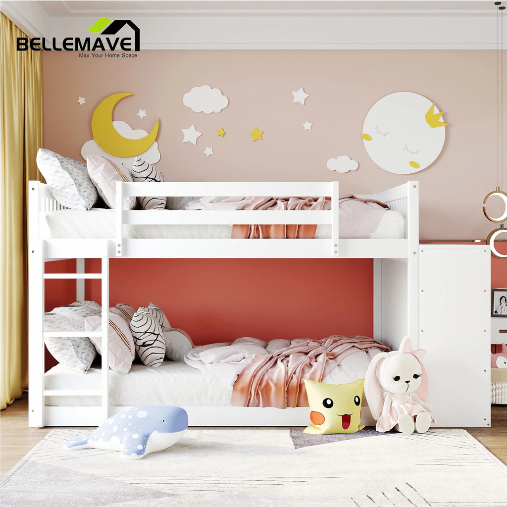 Full over Full Bunk Bed with Storage Cabinet, Ladder and Guardrail, White F5459