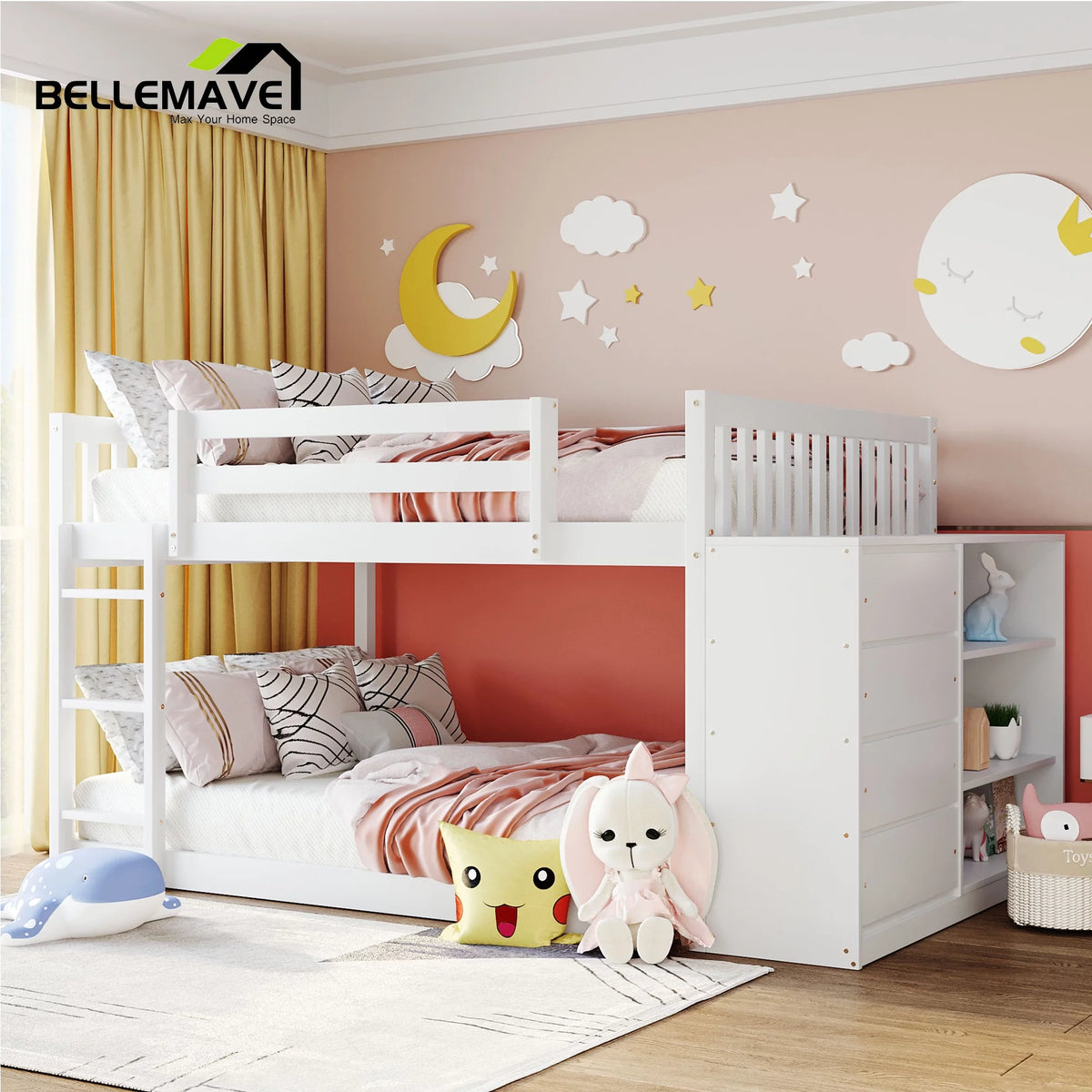 Full over Full Bunk Bed with Storage Cabinet, Ladder and Guardrail, White F5459
