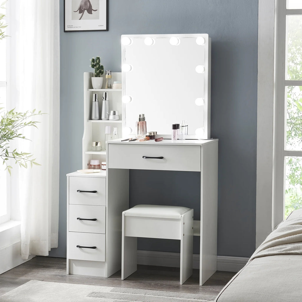 White Vanity Desk with Slidable Mirror and Drawers L173