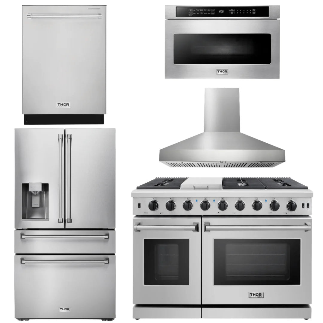 48 Propane Gas Range, Range Hood, Dishwasher, Refrigerator with Water and Ice Dispenser, Microwave F74870