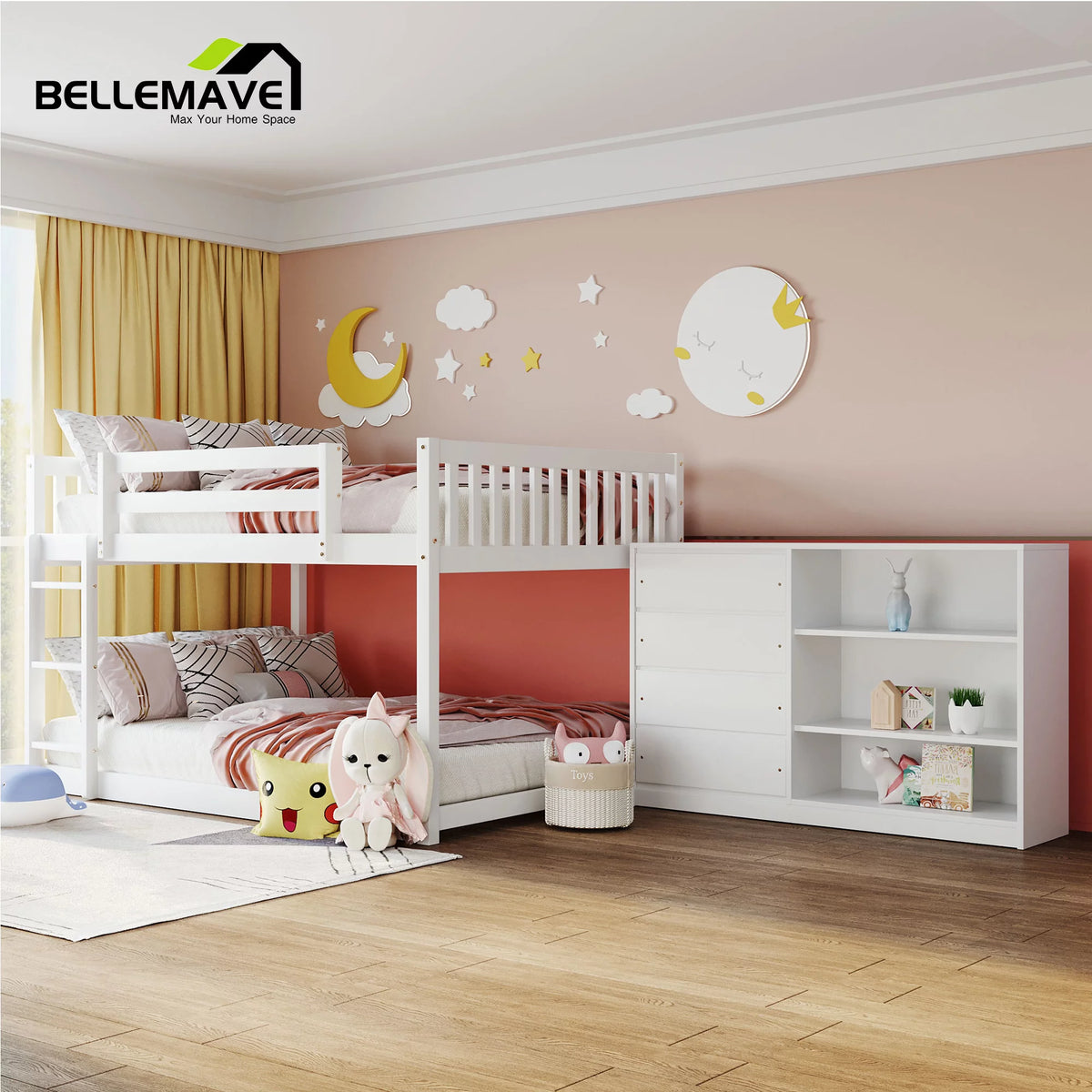 Full over Full Bunk Bed with Storage Cabinet, Ladder and Guardrail, White F5459