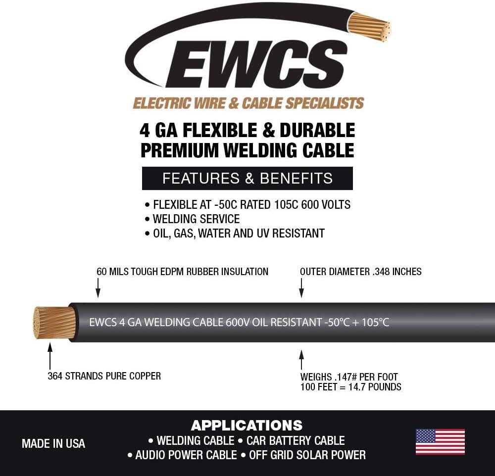 4 Gauge Extra Flexible Welding Cable 600 Volt Black 50 Feet D460