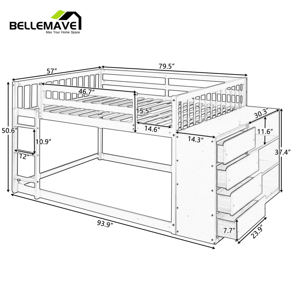 Full over Full Bunk Bed with Storage Cabinet, Ladder and Guardrail, White F5459