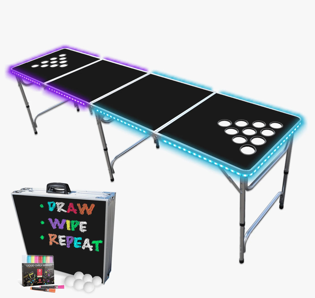 8-Foot Beer Pong Table with Cup Holes, LED Lights, Dry Erase Surface A76176