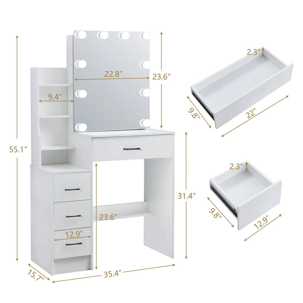 White Vanity Desk with Slidable Mirror and Drawers L173