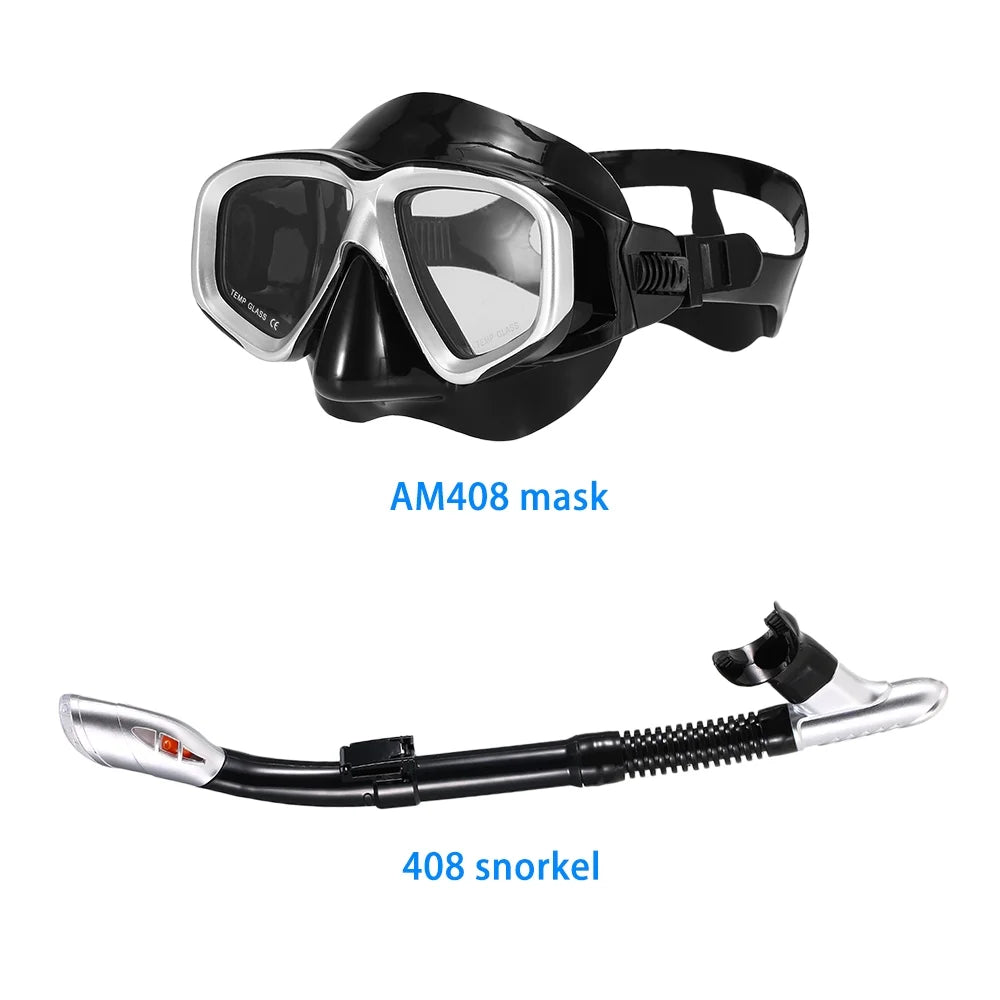 Freediving Snorkel Set with Tempered Glass Lens Goggles L355