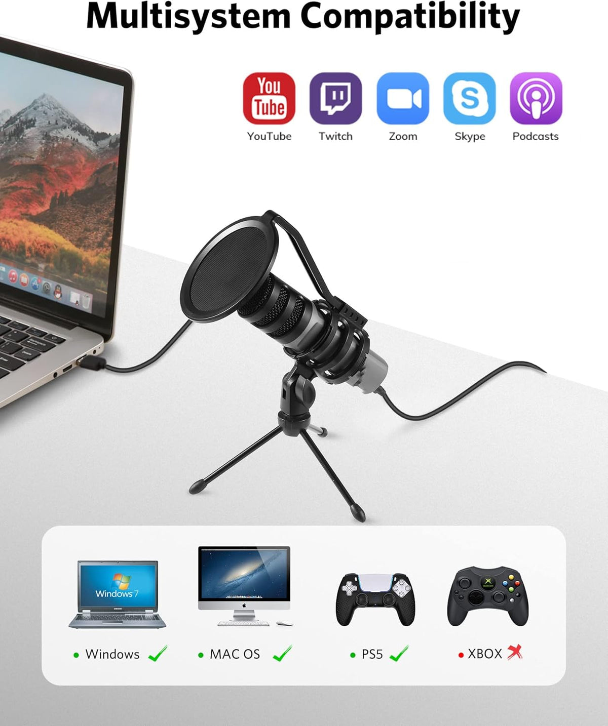 USB Metal Condenser Microphone with Tripod Stand, Shock Mount and Pop Filter, Black Pack of 2 E814