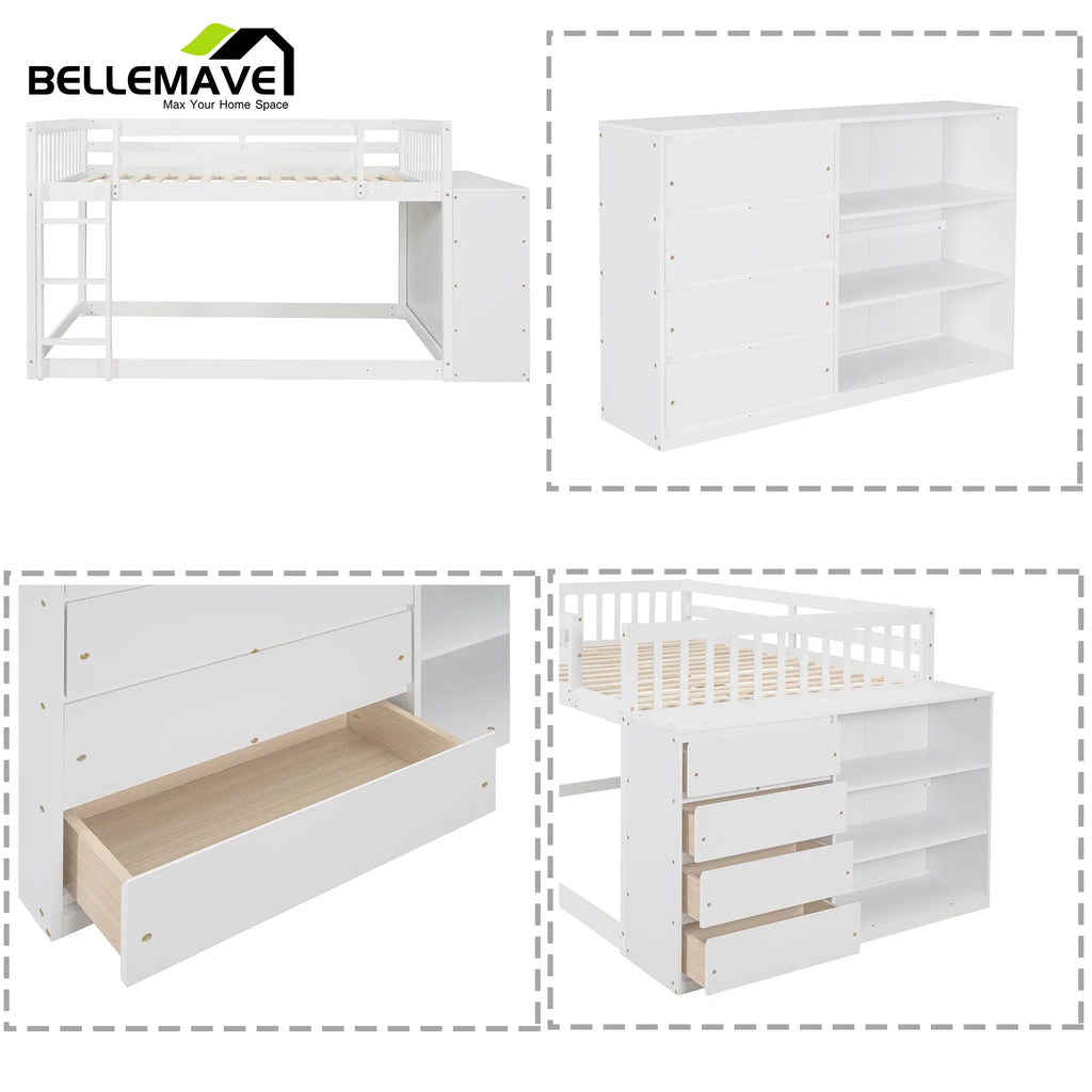 Full over Full Bunk Bed with Storage Cabinet, Ladder and Guardrail, White F5459