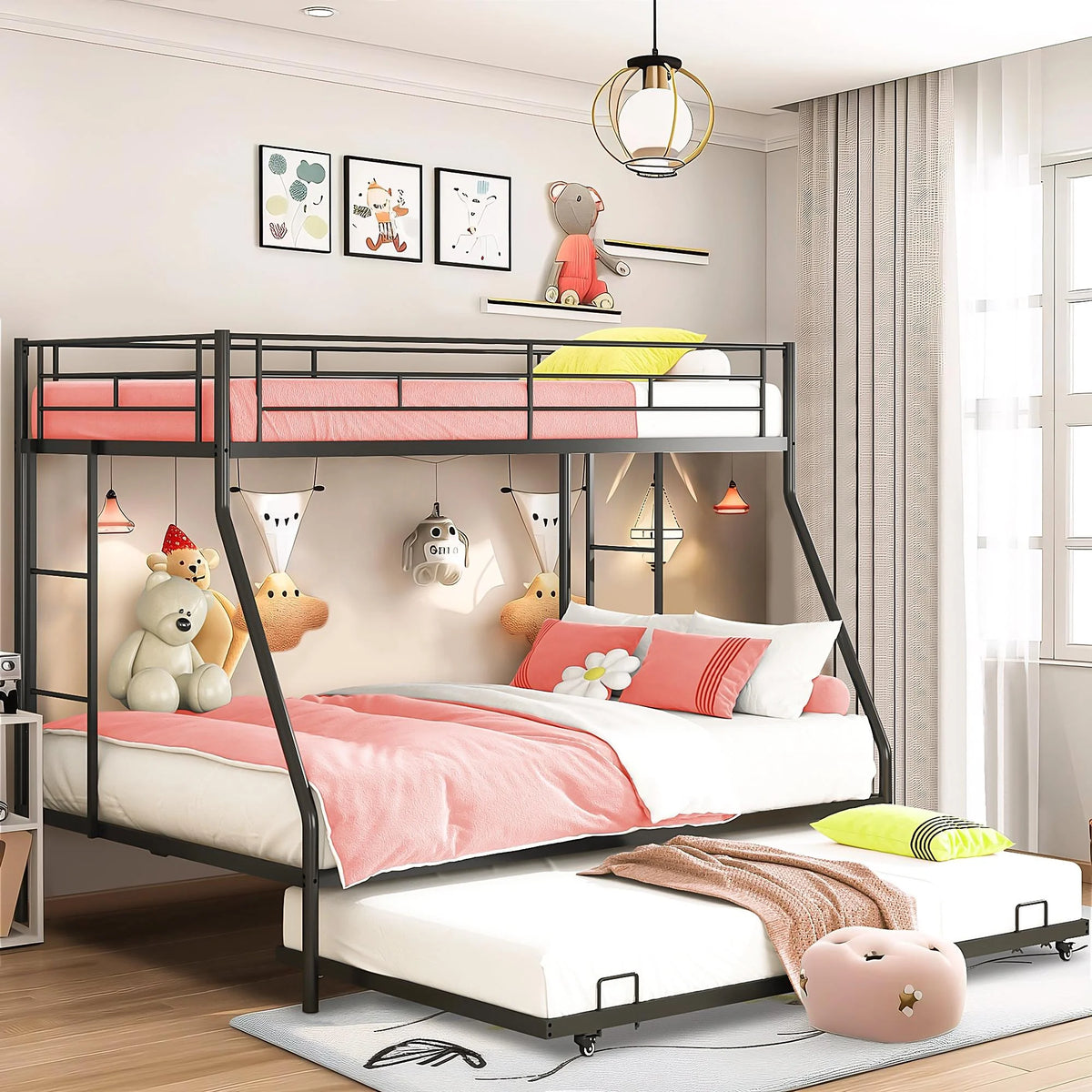 Black Metal Twin Over Twin Bunk Bed with Trundle F68713