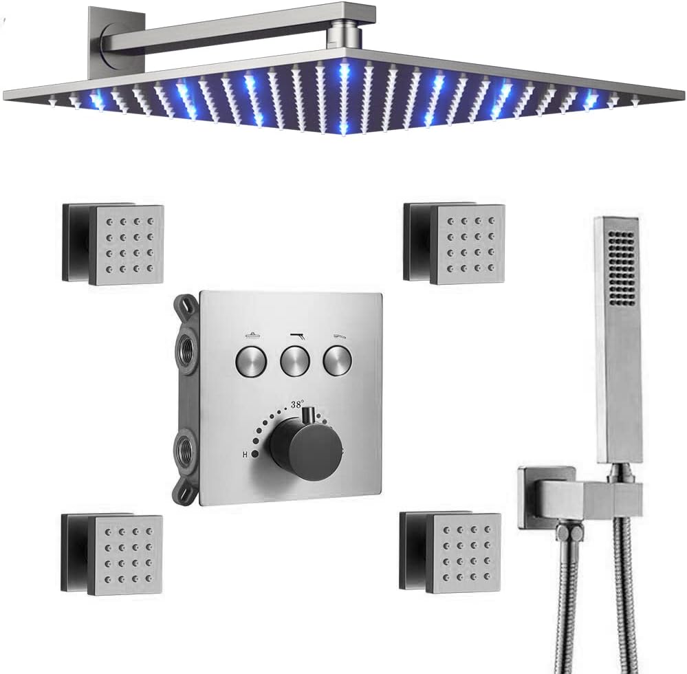 Black 12 Inch LED Rain Shower System With 4 PCS Body Sprays Handheld Shower Mixer Set J475214