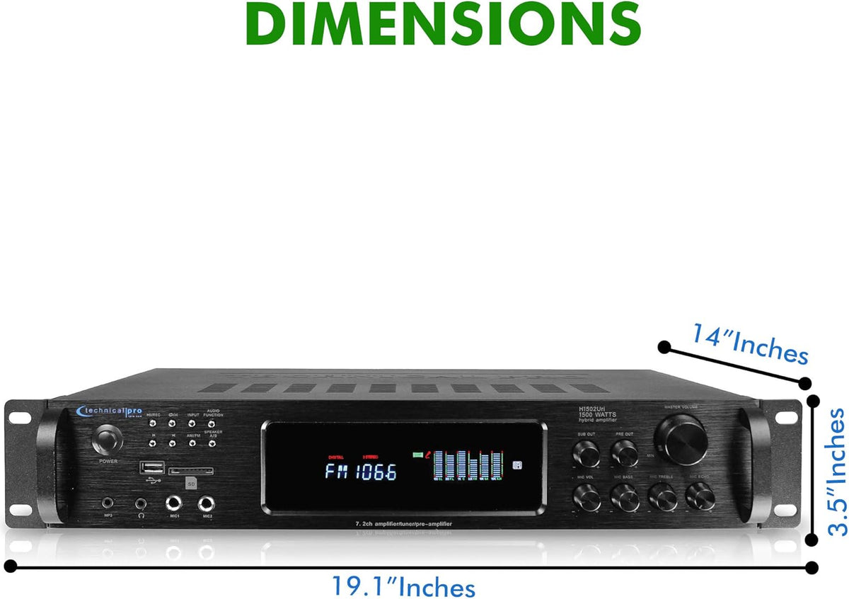 1500 Watt Bluetooth Stereo Amplifier with USB and SD Inputs B411972
