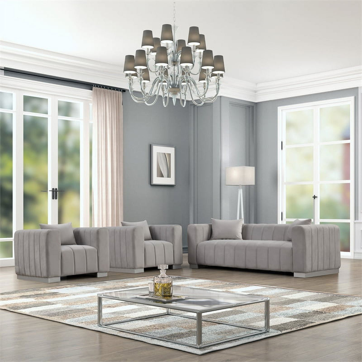 3-PC Velvet Sofa and 2 Armchairs Set Light Gray S12720