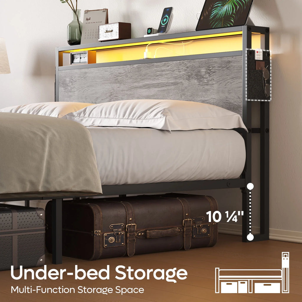 Queen Size Platform Bed with Storage Headboard and Charging Station, Grey Z73053